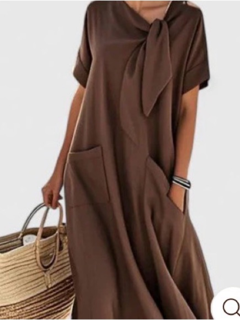 Brown Tie-Neck Maxi Dress with Pockets - New in Bag